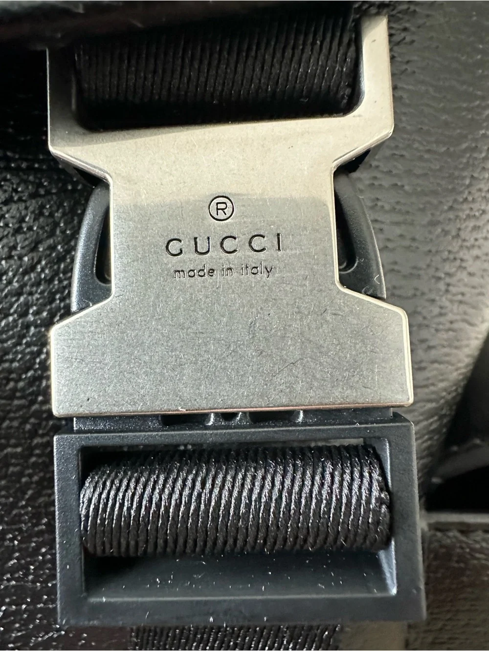 Gucci Black Leather Backpack with Green and Red Web Stripe
